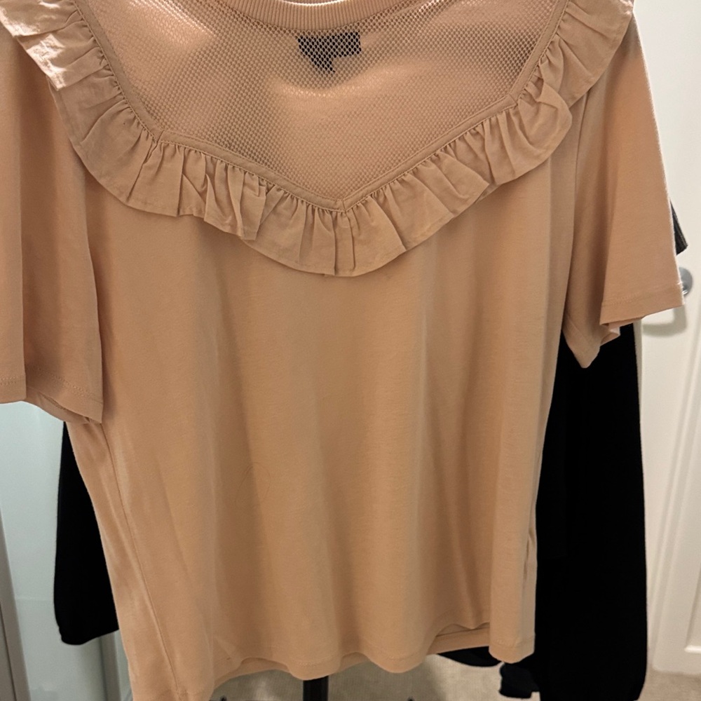 Topshop Nude Ruffle Mesh Yoke Short Sleeve Tee